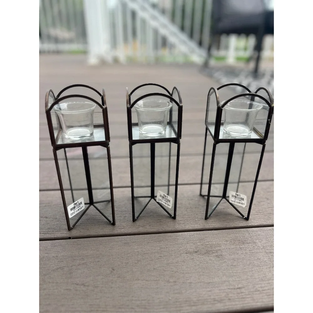 Pier 1 Imports Glass Metal Votive Candle Holder Set of 3 Bronze Tripod Lanterns